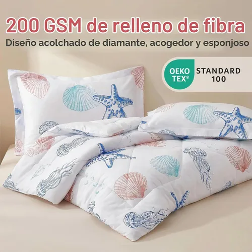Vista 2 de JSD - Juego de edredón para niños con temática de playa, tamaño individual, diseño de conchas de medusas y estrellas de mar