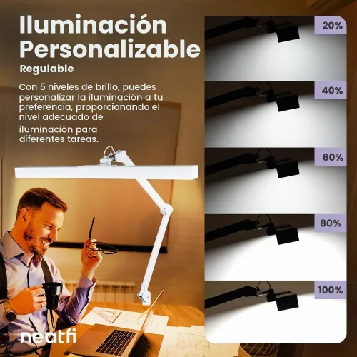 Vista 5 de Neatfi Lámpara de escritorio ultra LED de 3,000 lúmenes con abrazadera, luz de monitor regulable de 30 W, 5 niveles de brillo y 5 modos de luz Blanco