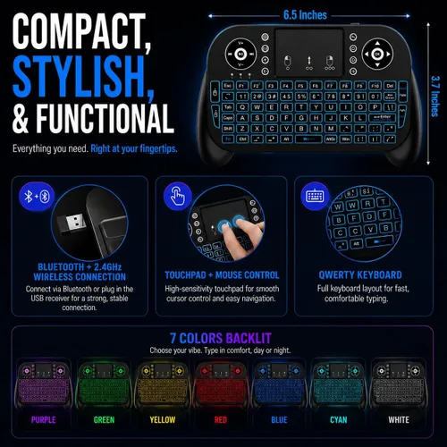Vista 7 de Mini teclado inalámbrico con panel táctil, Bluetooth + control remoto RF de 2.4 GHz, teclado recargable retroiluminado de 7 colores para Smart TV