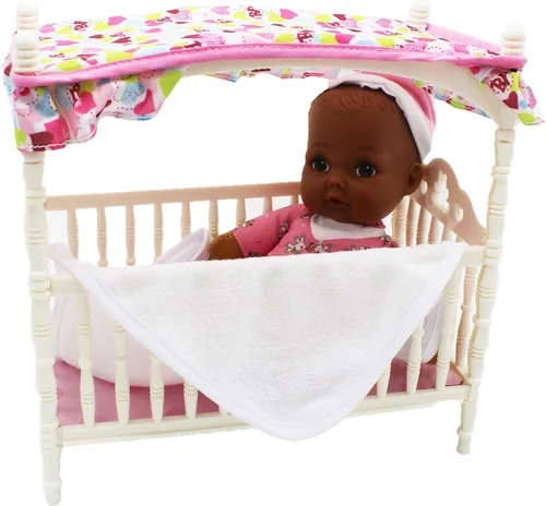 Vista 2 de Baby's First Cuna afroamericana con dosel con muñeca de cuerpo suave de 9 pulgadas y manta de bebé, segura para niños de 3 años en adelante