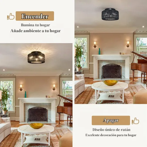 Vista 3 de Lámparas de Techo de Ratán para Montaje, Lámpara de Techo Empotrada Boho de 3 Luces, Iluminación de Lámpara con Pantalla de Jaula Tejida a Mano Negro