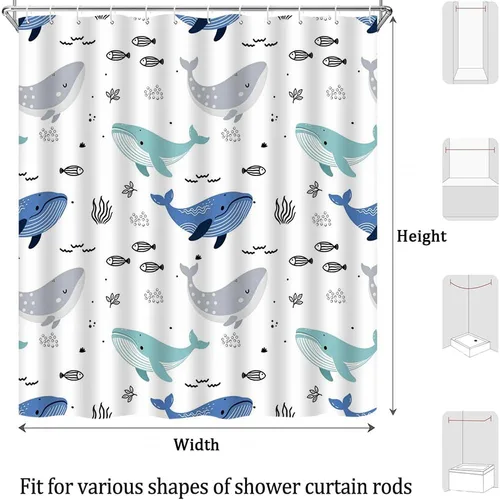 Vista 7 de Cortina de ducha de ballena de dibujos animados, lindo animal oceánico, azul y gris, diseño abstracto de peces náuticos, divertido para niños