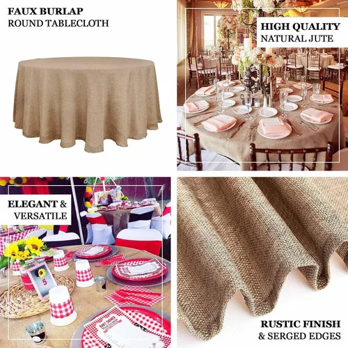 Vista 4 de Efavormart Mantel Redondo de Arpillera Sintética de Yute Natural de 90 Pulgadas - Cubierta de Mesa Rústica Boho Chic Estilo Granja para Navidad