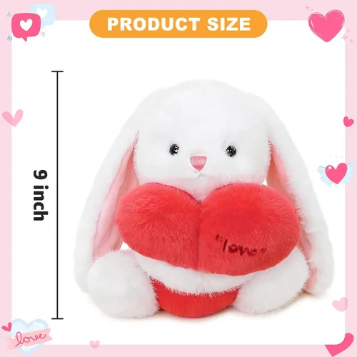 Vista 4 de Ditucu Love Bunny - Peluche de conejo con soporte de corazón rojo de 9.8 pulgadas, lindo conejo de peluche suave, juguetes románticos y dulces