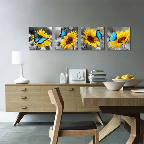 Vista 119 de Wall HDQ Arte de pared de flores para baño, dormitorio, sala de estar, decoración de pared azul y naranja, pintura floral, lienzo impreso, imagen