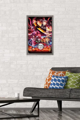 Vista 2 de Demon Slayer - Póster de pared Key Visual 1, 22.4 pulgadas de largo x 14.7 pulgadas de ancho, versión enmarcada de madera de granero