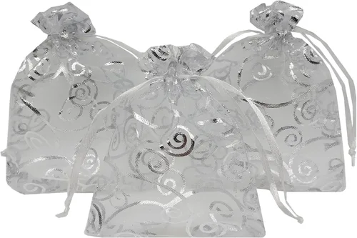 Vista 5 de Bolsitas de organza transparentes con impresión de ratán Ankirol, ideales para bodas y fiestas del bebé, para regalos o muestras (100 unidades), Azul