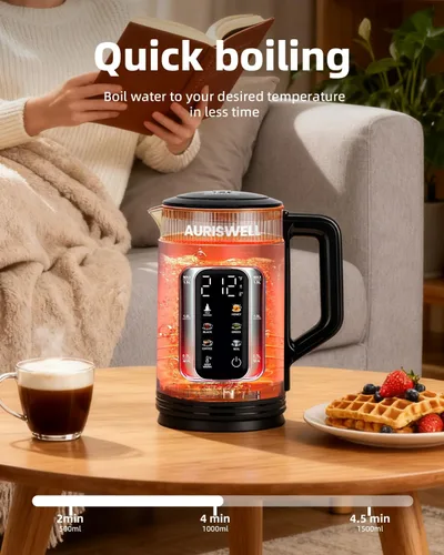 Vista 2 de [Usado] Tetera Eléctrica Auriswell con Control de Temperatura, Hervidor de Agua Inteligente de Vidrio para Té, Café y Hervir, Apagado Automático