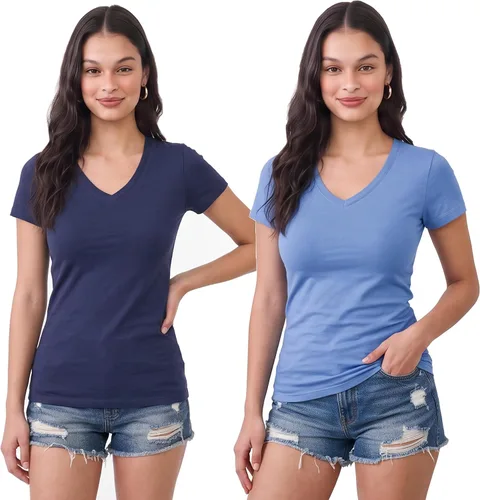 Vista 222 de Emmalise Camiseta de manga corta para mujer, cuello en V, tallas junior y plus