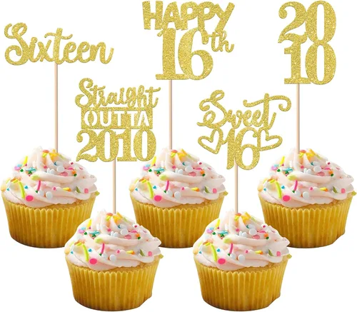 Vista 111 de 30 piezas negras para cupcakes de 10.º cumpleaños con purpurina Ten Happy 10 Straight Outta 2016 para saludos a 10 años 10 cumpleaños, boda Negro