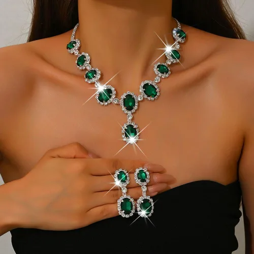 Vista 3 de Missgrace Juego de collar y aretes de diamantes de imitación vintage bohemios brillantes para novia, verde, negro, rojo, collar y aretes para baile