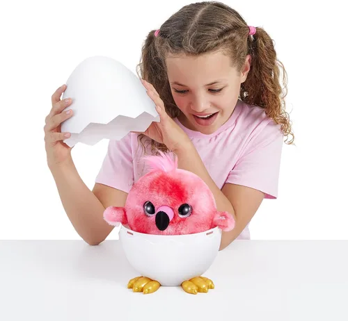 Vista 3 de Pets Alive Chirpy Birds (flamenco) de ZURU, mascota electrónica que habla, huevo sorpresa gigante, calcomanías, peine, arcilla esponjosa, peluche