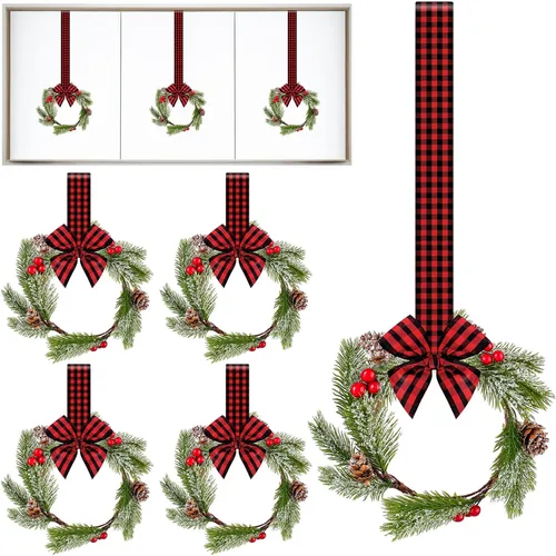 Vista 8 de Lyrow 8 piezas 20 cm Mini coronas de Navidad para gabinete de cocina con lazo de cinta, hojas artificiales, bayas, coronas colgantes para decoración