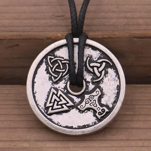 Vista 3 de COLORIDO BLING Nordic Coin Amulet Vegvísir Odin Triple Cuerno Triquetra Valknut Todo en Uno Collar con colgante de estaño, Peltre, No es una piedra