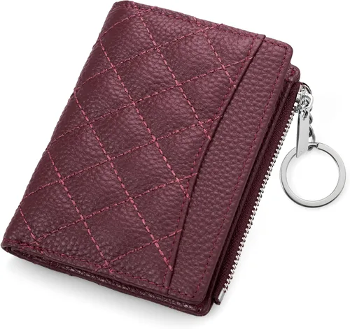 Vista 9 de befen Cartera delgada de cuero auténtico con RFID, billetera de dos pliegues para mujer con bolsillo con cremallera y llavero, Negro, Talla única
