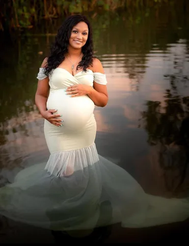 Vista 3 de ORQ Vestido de gasa de maternidad con hombros descubiertos para accesorios de fotos, vestido maxi de fotografía para sesión de fotos