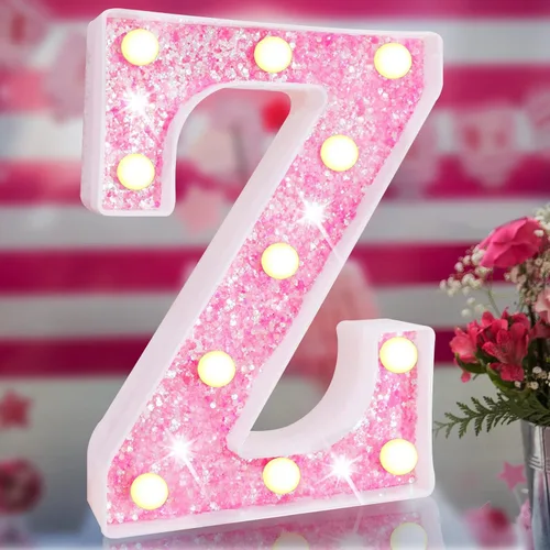 Vista 17 de Letras rosas iluminadas con purpurina, letras del alfabeto rosas, letreros de luces LED en marquesina rosas con batería para iluminación nocturna