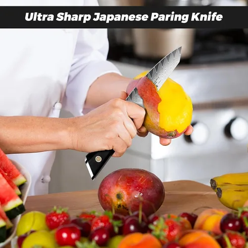 Vista 4 de SHAN ZU Cuchillo de pelar Damasco Cuchillo de fruta de 4 pulgadas Cuchillos de cocina profesional, Cuchillos de tallado de frutas de Damasco japonés