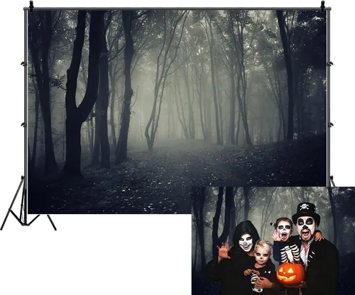 Vista 14 de Misty Forest Backdrop Halloween Eve Dark Blue Fog Fall Autumn Maple Leaves Woods Background for Thanksgiving Party Photography Studio Photo Booth