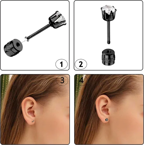 Vista 4 de LOYALLOOK Aretes tipo dormilona de acero quirúrgico con circonita cúbica para mujeres y hombres, chapados en oro de 14 quilates, aretes pequeños