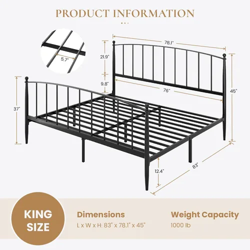Vista 2 de SHA CERLIN Marco de cama con plataforma de metal tamaño King, cabecero de Negro