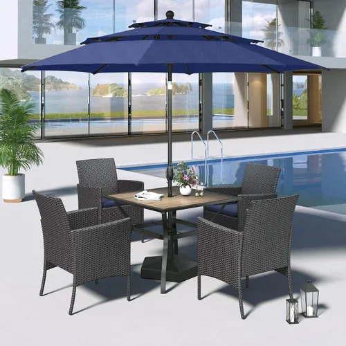 Vista 13 de MFSTUDIO Juego de comedor al aire libre para 4, juegos de comedor de 5 piezas, mesa de patio y sillas para 4 con paraguas, juego de muebles de Beige