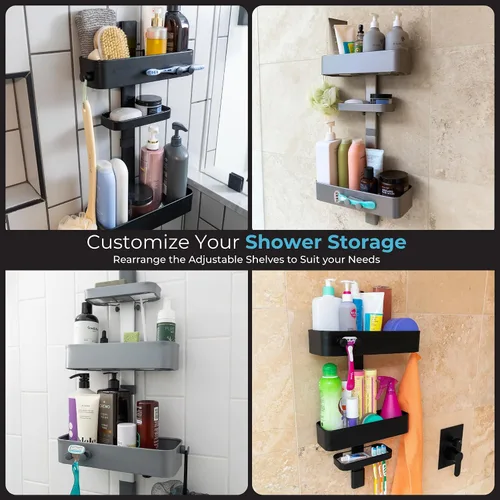 Vista 5 de ShowerSMART Organizador de ducha higiénico resistente a la corrosión, organizador de baño colgante con estantes ajustables, bandejas fáciles