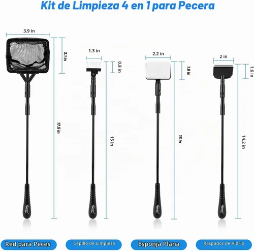 Vista 5 de hygger Limpiador de peceras pequeñas, kit de herramientas de limpieza de acuario con asa, raspador de algas marinas, red de pesca, cepillo