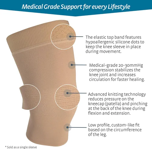 Vista 7 de medi Manga de compresión de soporte de rodilla de punto sin costuras con banda beige XS Seamless knit knee sleeve with silicone top band, two-way