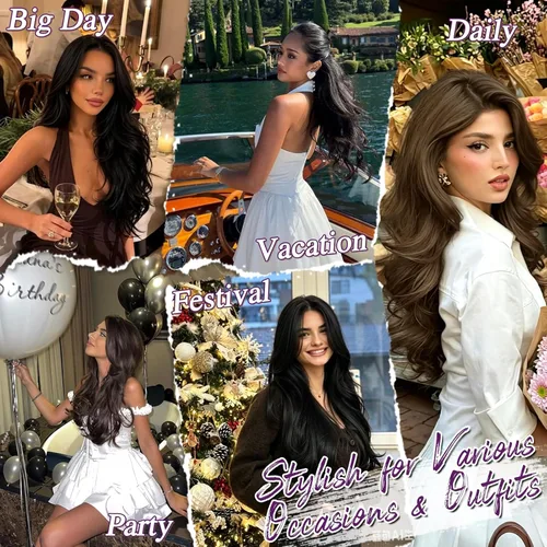 Vista 5 de BARSDAR 24 Inch Synthetic Layered Loose Wavy Black Clip in Hair Extensions