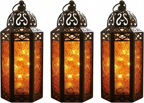 Vista 46 de VELA LANTERNS Juego de 2 portavelas decorativos de LED con luces de hadas de 12" de metal marroquí para colgar o mesa, decoración del hogar