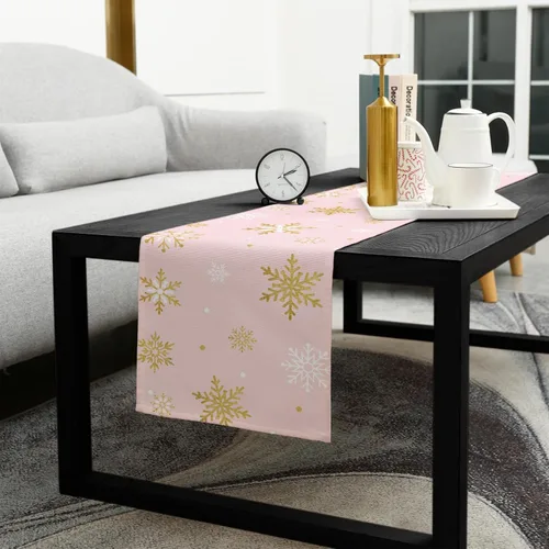 Vista 5 de Camino de mesa de copo de nieve rosa rubor, lino de algodón, bufandas de tocador de vacaciones de 36 pulgadas, diseño romántico de feliz Navidad