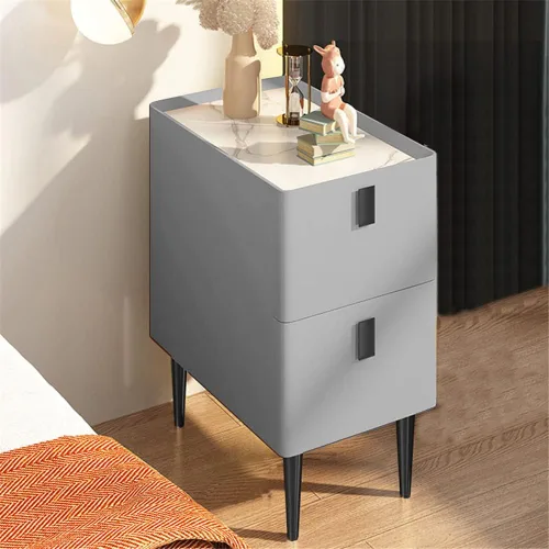 Vista 10 de Mesita de noche moderna de madera maciza con almacenamiento de 2 cajones, parte superior de mármol, práctica mesa auxiliar auxiliar para dormitorio