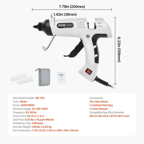 Vista 7 de VEVOR Pistola de pegamento caliente, 60/100 W de doble potencia, mini pistola de pegamento caliente con 20 barras de pegamento premium y bolsa