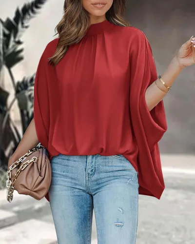 Vista 19 de BTFBM Blusas de verano para mujer, cuello alto falso, manga murciélago, holgadas, dobladillo alto y bajo, blusas informales de gran
