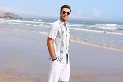 Vista 2 de Camisas guayabera de manga corta para hombre, de lino y algodón, con botones, bordadas mexicanas, para boda