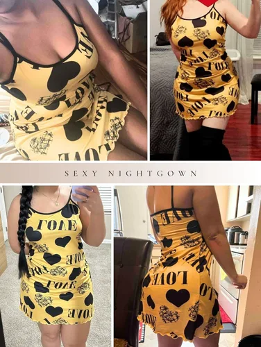 Vista 4 de EVELUST Camisón con estampado de corazón y letras para mujer, pijama casual sin mangas, con dobladillo con volantes, camisón suave