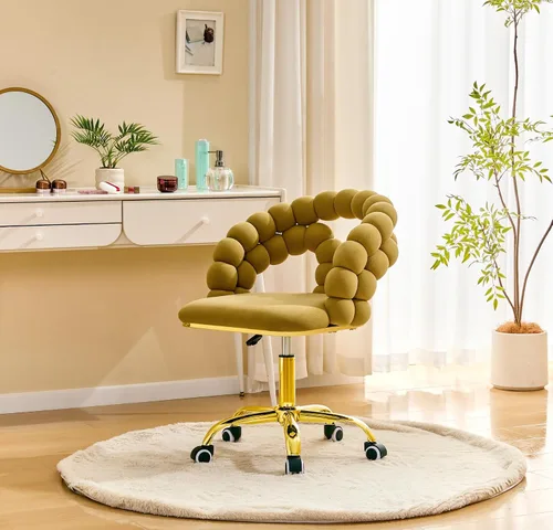 Vista 8 de Velvet Swivel Desk Chair with Bubble Back, Adjustable Height Computer Chair with Gold Metal Base, Modern Rolling Vanity Chair for Home Office (Beige)