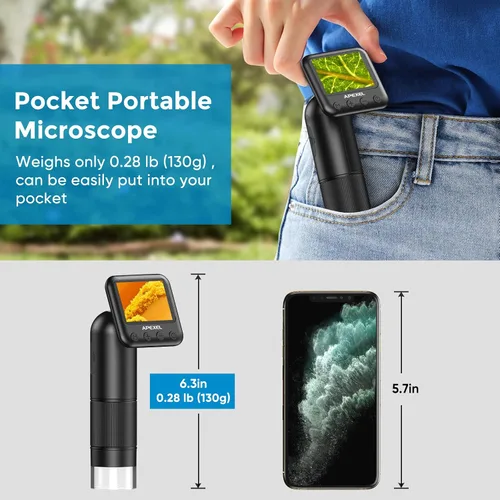 Vista 4 de APEXEL Microscopio digital de mano 800X con pantalla LCD de 2 pulgadas, microscopio portátil de bolsillo para niños con luces LED ajustables
