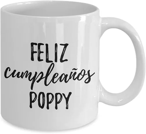 Vista 2 de Feliz Cumpleanos Poppy Mug Spanish Happy Birthday Personalized Name Gift Coffee Tea Cup 11 oz