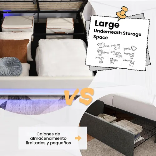 Vista 8 de Ailisite Cama de almacenamiento elevable de tamaño matrimonial, cama de plataforma tapizada con cabecera de almacenamiento con botones capitoné
