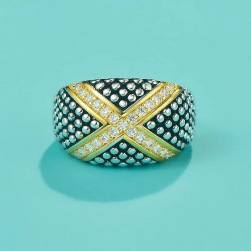 Vista 2 de UNY JEWEL Anillo de dos tonos con circonitas cúbicas pavé pavé puntos X Bar diseño único con piedras brillantes perfecto para la moda de las mujeres