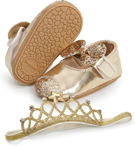 Vista 4 de Zapatos planos Mary Jane para bebé con diadema de lazo, vestido de princesa floral para bebé, suela suave, zapatos de cuna antideslizantes