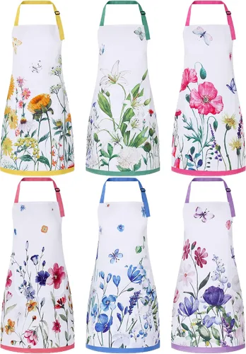 Vista 9 de Bencailor 6 delantales de cocina de verano con bolsillos, diseño de flores, gallo, abeja, mariposa, girasol, delantales de verano a granel