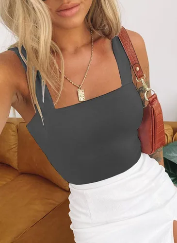 Vista 5 de Wsirmet Blusa corta sin mangas para mujer, sin mangas, cuello cuadrado, delgada, básica, lisa, corta