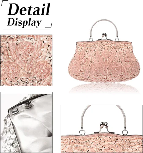 Vista 5 de Bolso de mano de noche para mujer, estilo vintage, con cuentas, con lentejuelas, bolso de boda