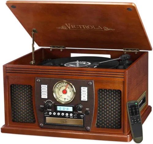 Vista 13 de Victrola Navigator 8 en 1 Reproductor clásico de discos Bluetooth con codificación USB y tocadiscos de 3 velocidades Individual Negro