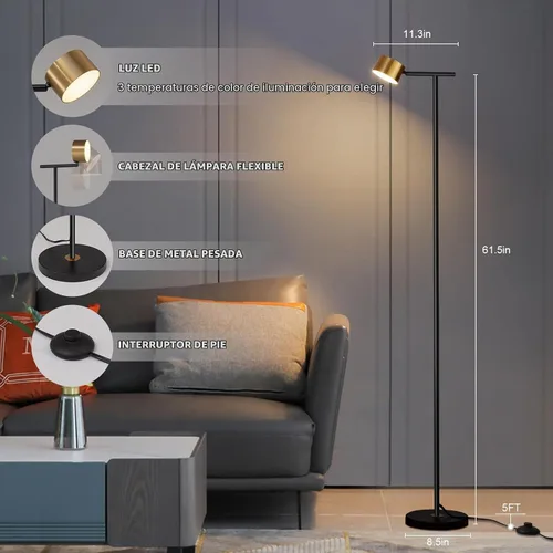 Vista 4 de Lámparas de pie para sala de estar, lámpara de lectura de pie de 3 temperaturas de color con cabezal flexible, moderna lámpara de pie alta