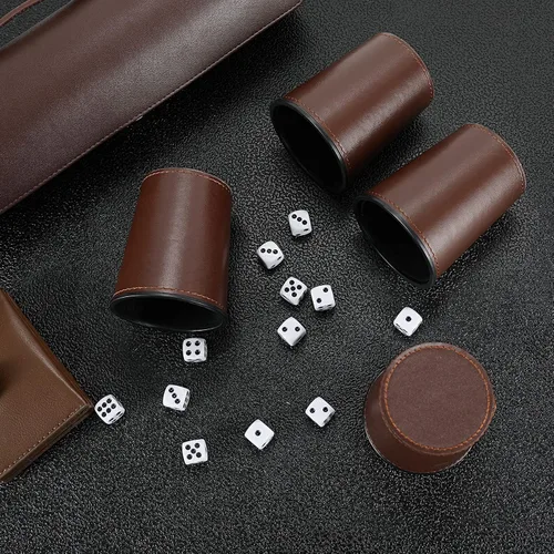 Vista 8 de Party Games - Juego de tazas de dados de cuero, 5 tazas de dados negros + 25 dados + funda exclusiva de almacenamiento y transporte hecha