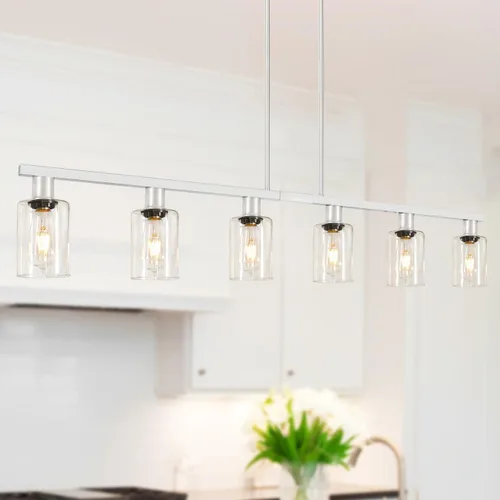 Vista 11 de Iluminación de isla de cocina de 4 luces, lámpara cromada para comedor, luz de isla para colgar sobre la mesa para candelabros lineales de granja